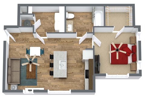 3D floor plan of a 1 bedroom, 1 bath apartment with an open floor plan and in-unit washer and dryer.